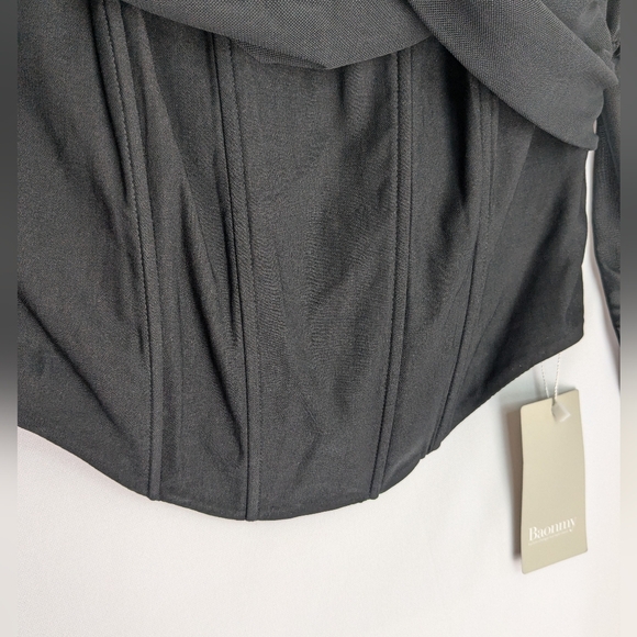 Baonmy Women's Cropped Top Sz XXS Corset Black Sheer Long Pleated Sleeves T-2 - Picture 3 of 11